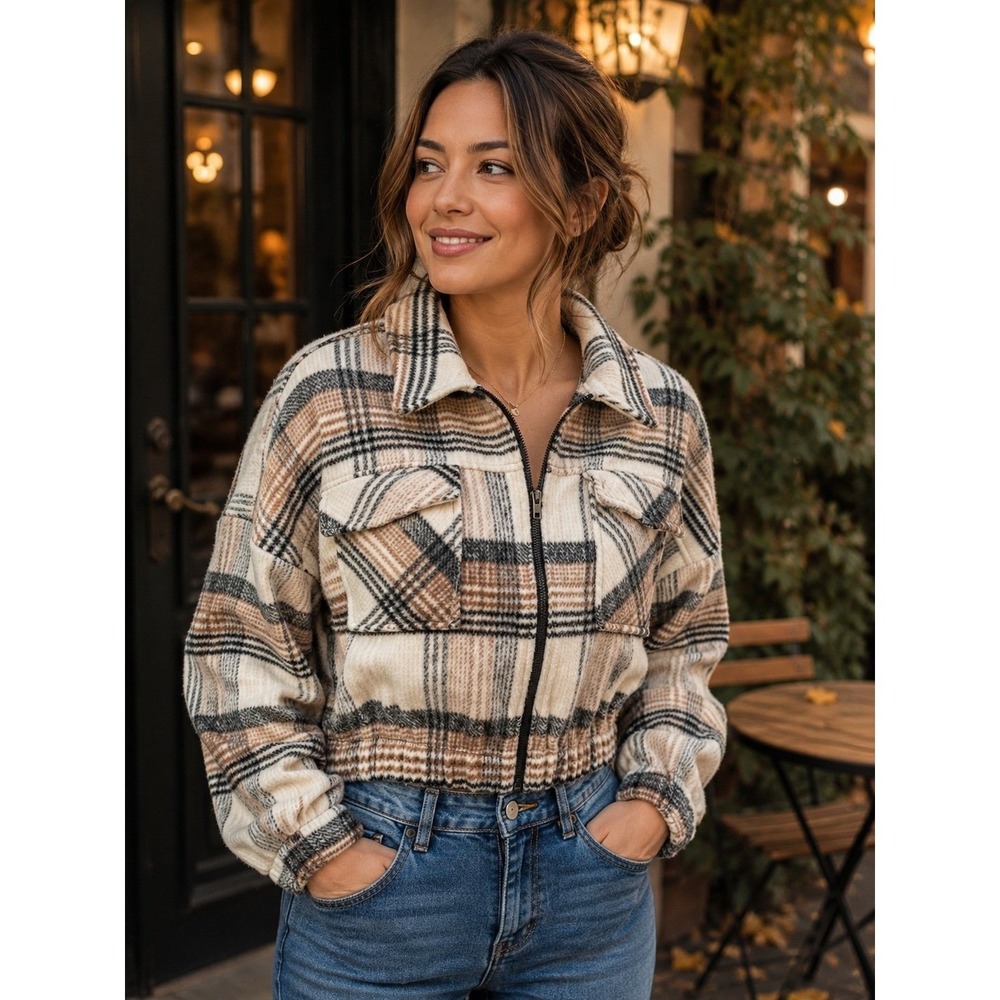 Timing Plaid Cropped Zip Jacket Women M Beige Black Balloon Sleeve Shacket